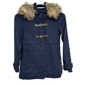 Coffee Shop NWT Women's 'Wool Blend Navy Fauz Fir Trimmed Duffle Coat Size Small